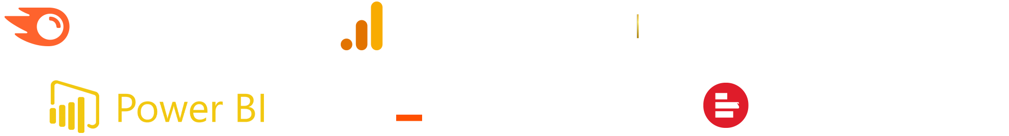 Imagem com logos de ferramentas como Power BI, Supermetrics, Google Analytics e Kantar Ibope, essenciais para otimização de campanhas, análise de dados, performance de mídia e estratégias de marketing digital.