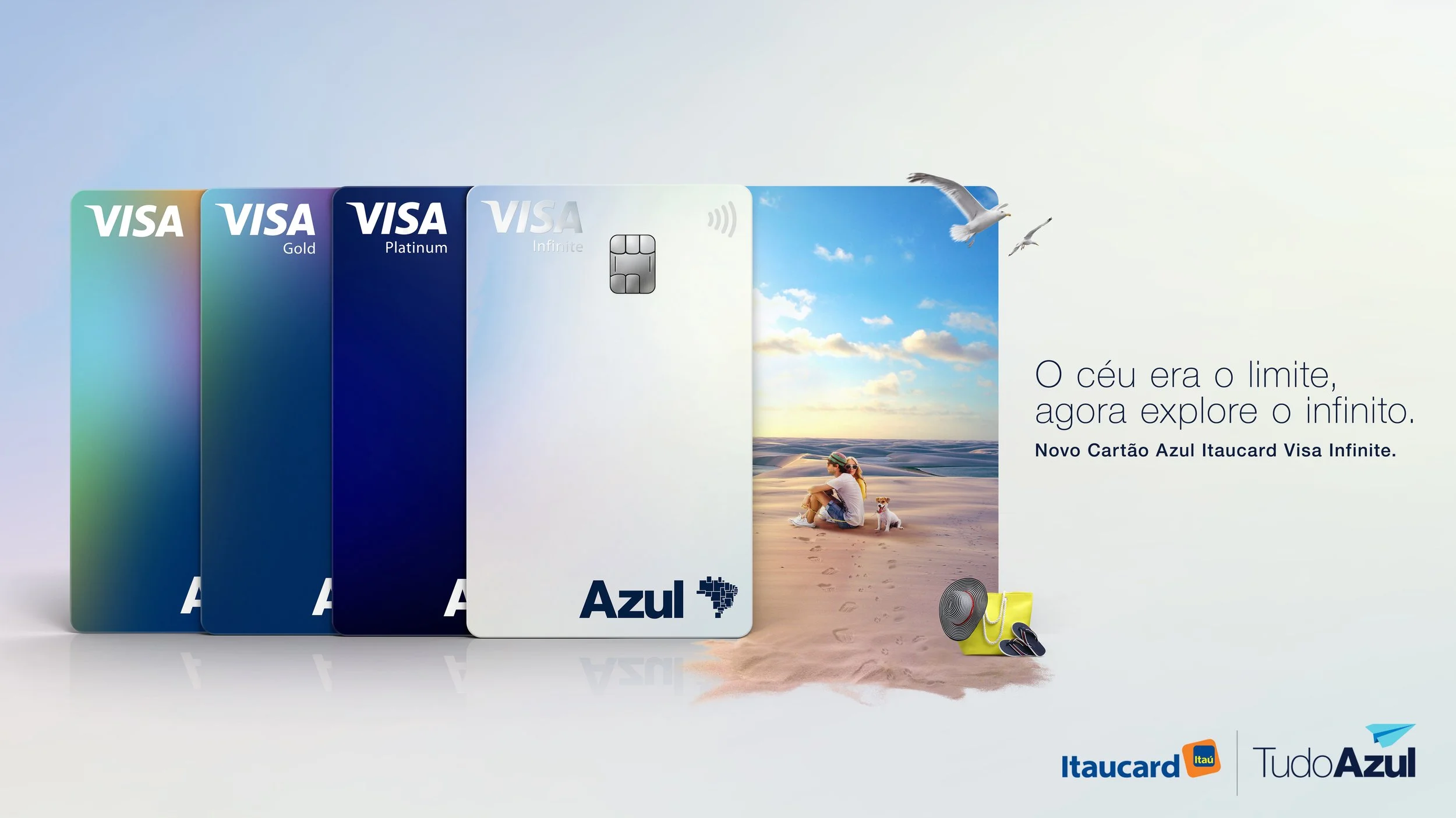 Anúncio da campanha de lançamento do cartão TudoAzul Infinite, criado para o programa de vantagens da Azul Linhas Aéreas, conectando branding, experiência de marca e marketing de relacionamento.