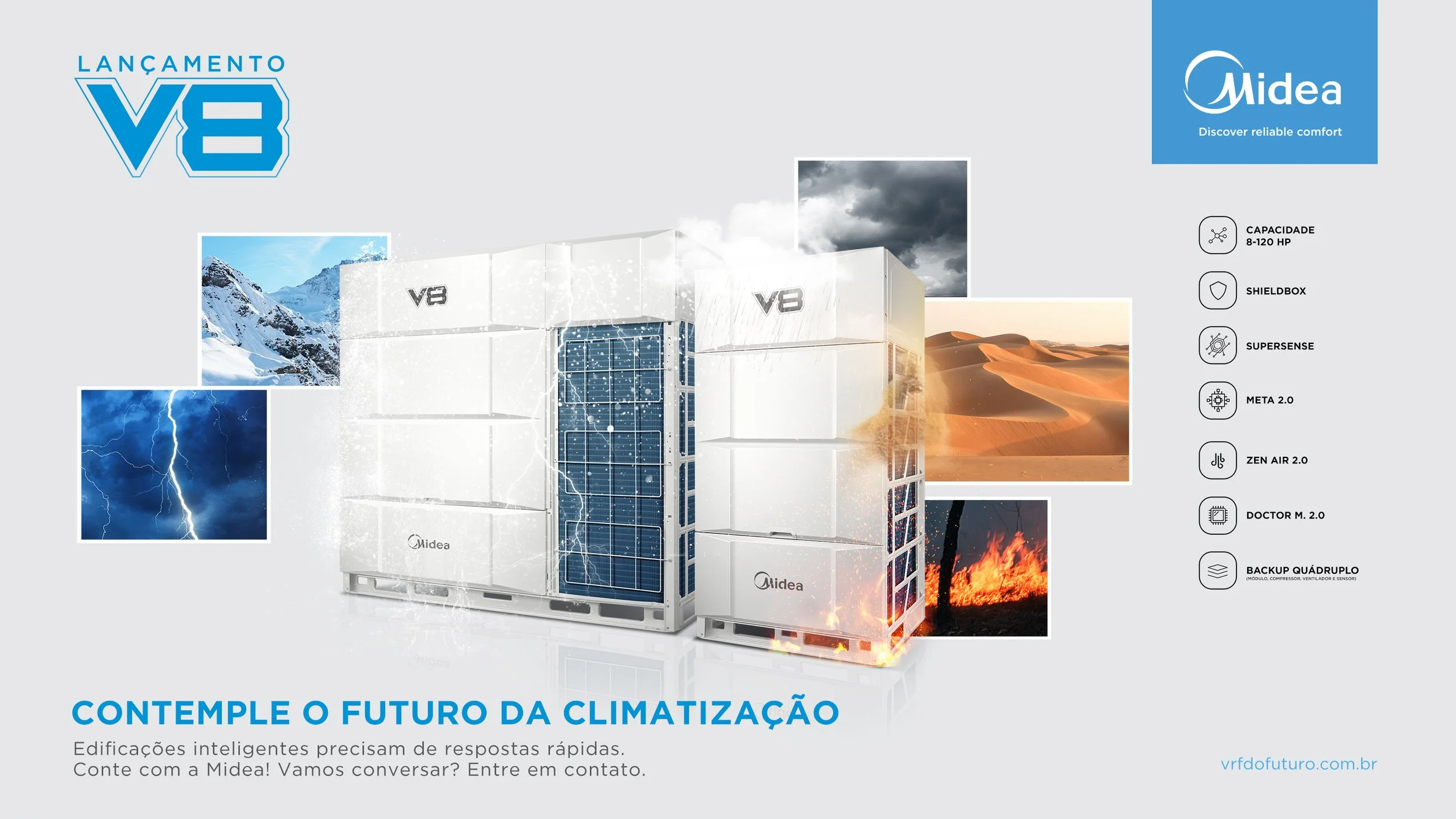Publicidade desenvolvida para o lançamento do ar-condicionado Midea V8, destacando atributos de inovação, eficiência e tecnologia, aplicando estratégias de branding e marketing de produto.