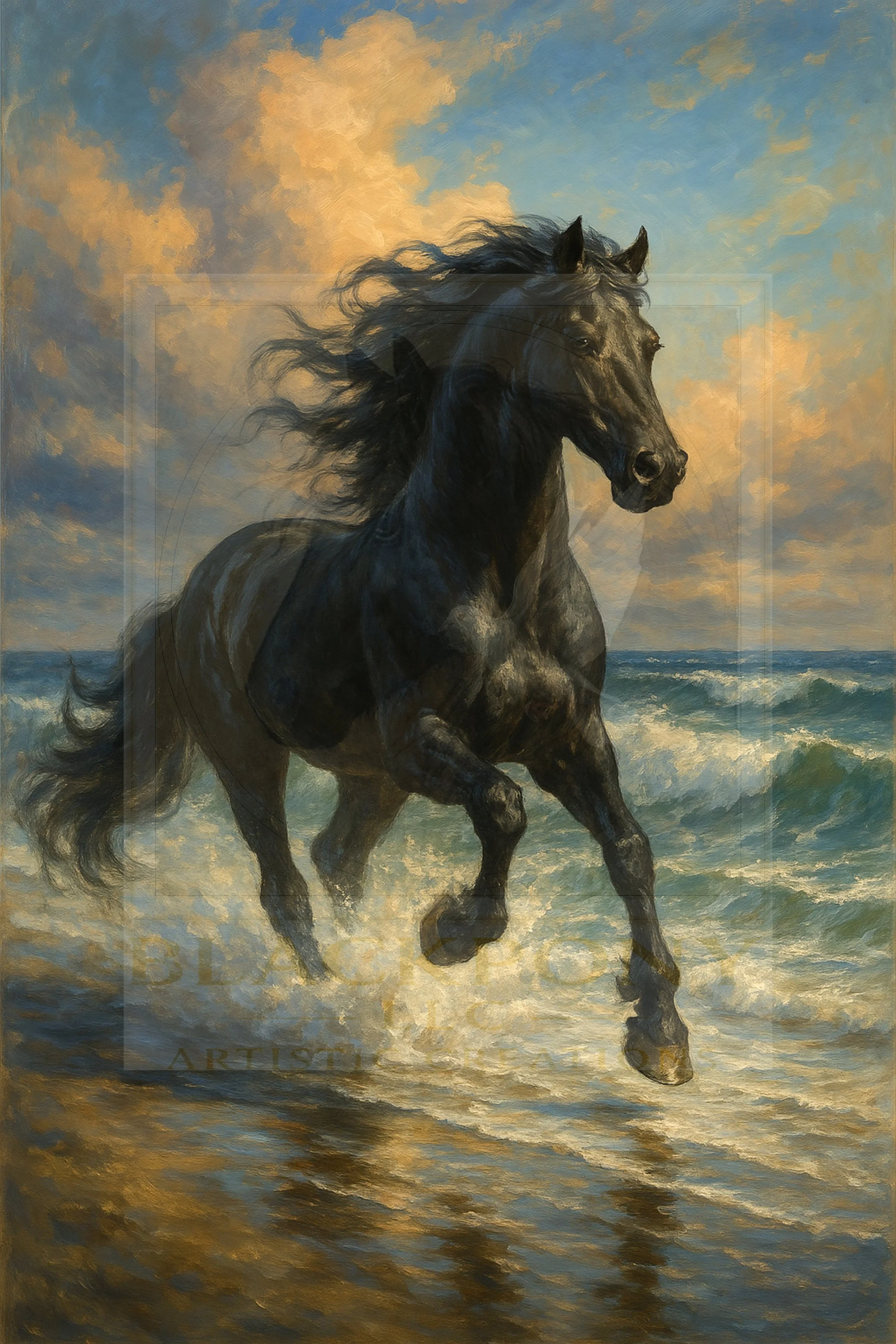 A watercolor mixed media painting of a stunning wild black horse running on a beach with its mane flowing, against a sky with orange and blue clouds.