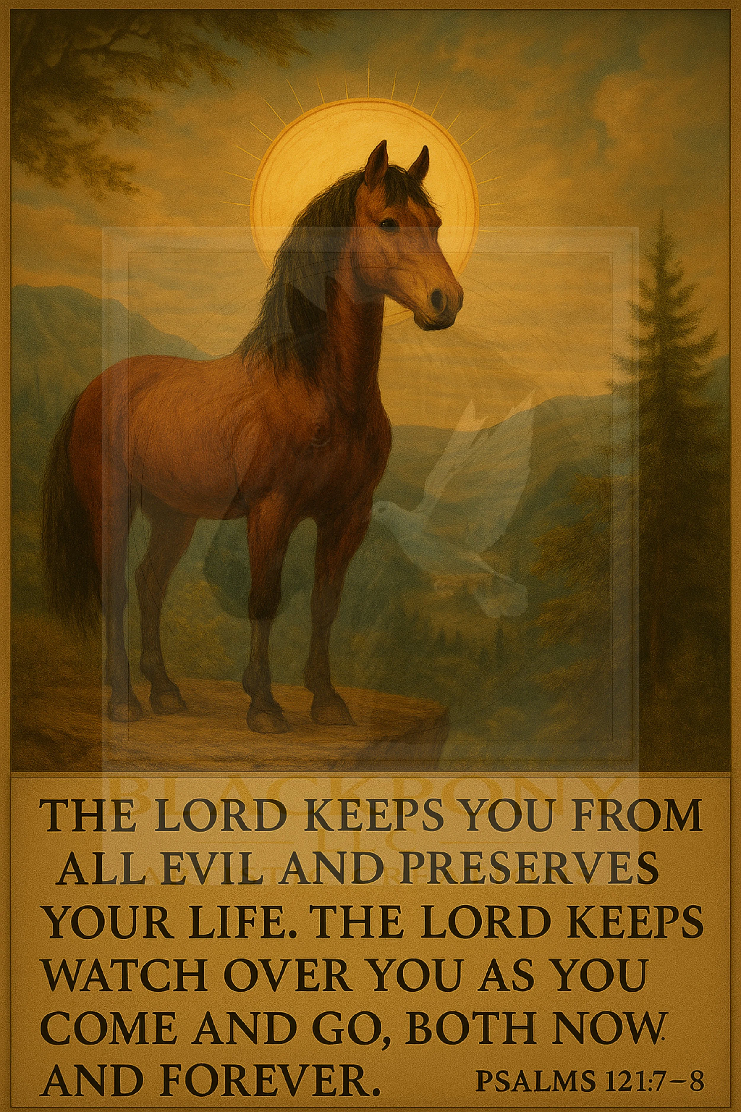 A painting of a horse with a glowing sun behind its head, surrounded by a natural landscape with trees and mountains, and a biblical quote from Psalms 121:7-8 at the bottom.