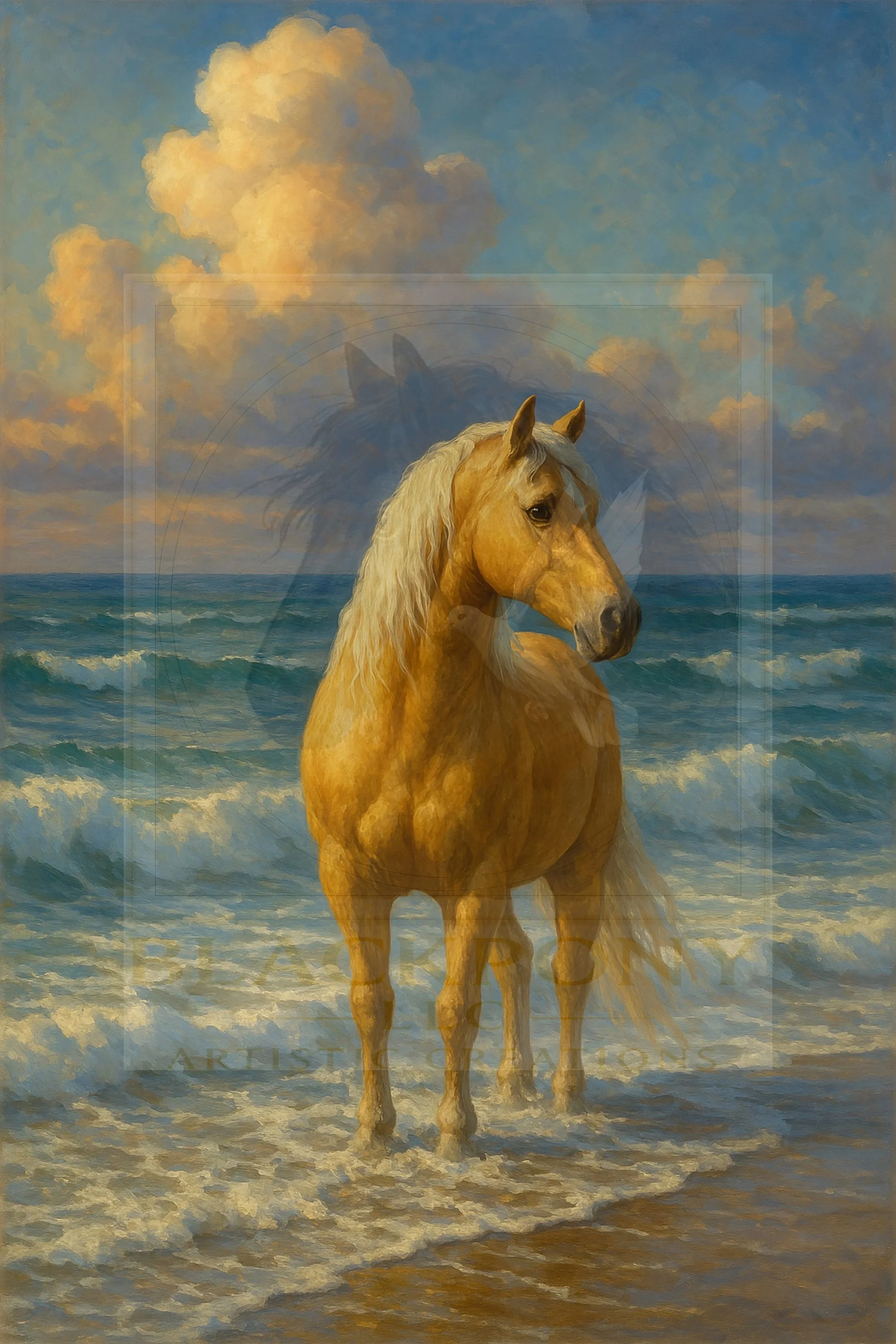 A watercolor painting of a palomino horse standing at the ocean's edge, waves gently lapping around its legs, under a sky filled with clouds and in awe of creation.