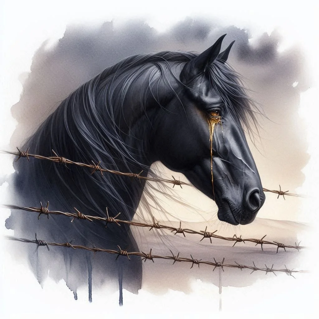 A black horse with golden tears standing behind barbed wire, with a cloudy sky background.