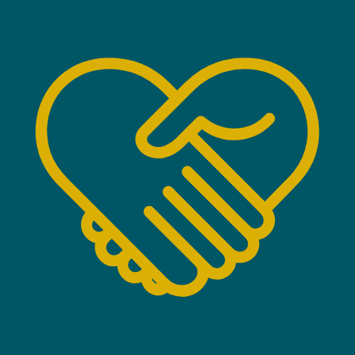 Yellow outline of two hands shaking inside a heart shape on a dark teal background.