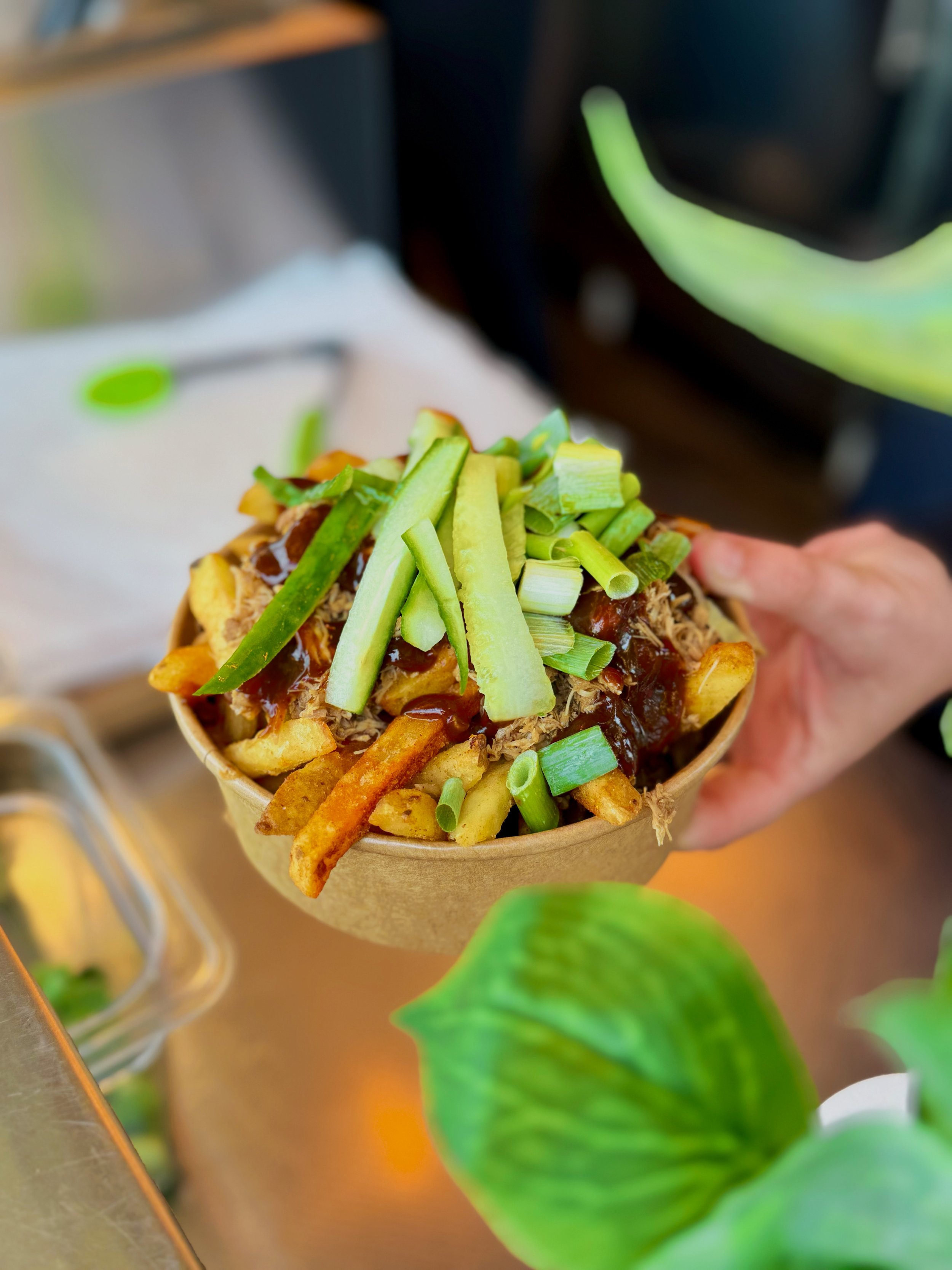 A bowl of loaded fries topped with shredded duck meat, chopped green onions, cucumber slices, and sauce.