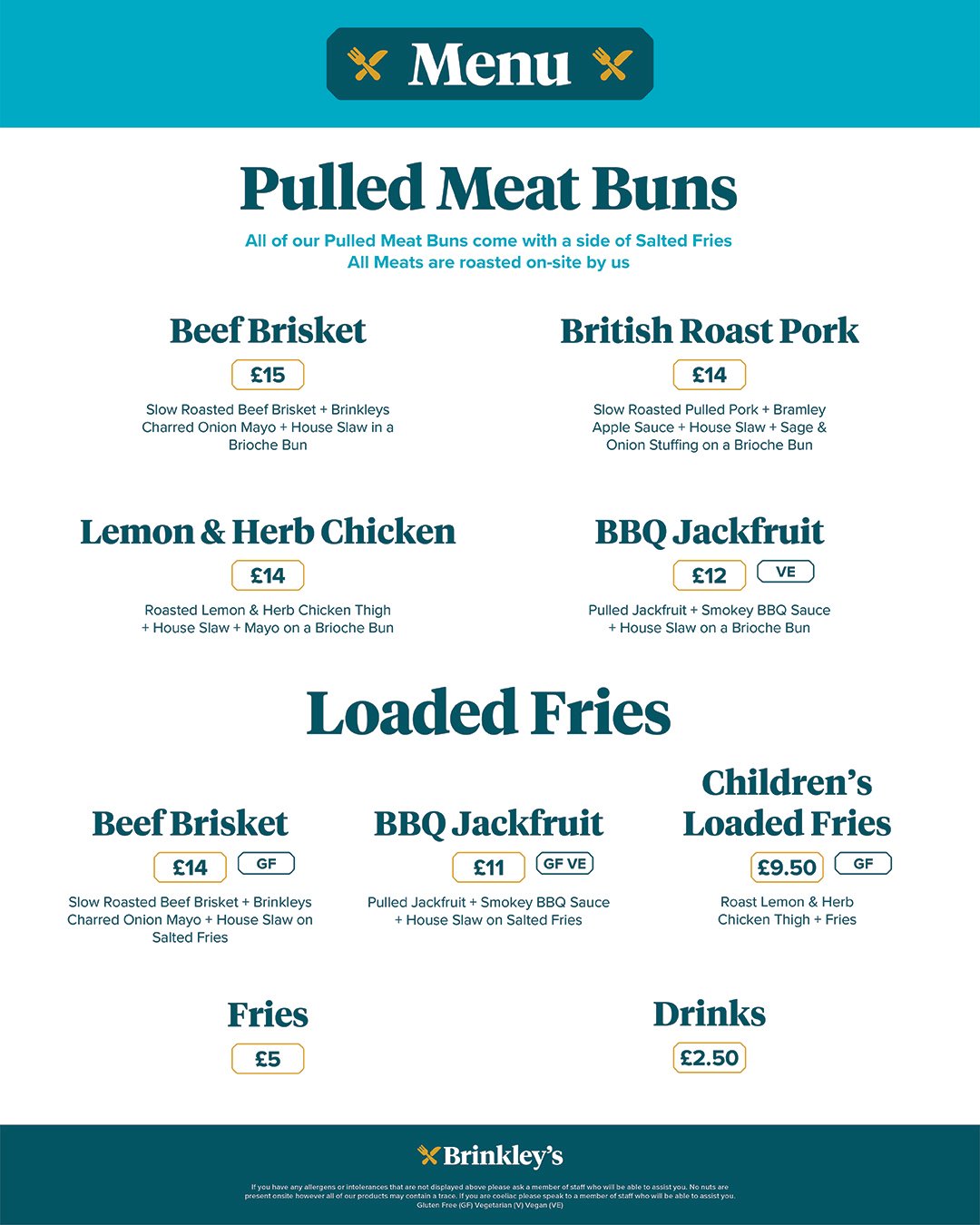 Menu featuring pulled meat buns with options for beef brisket, British roast pork, lemon and herb chicken, BBQ jackfruit, and children's loaded fries, all with prices and descriptions.
