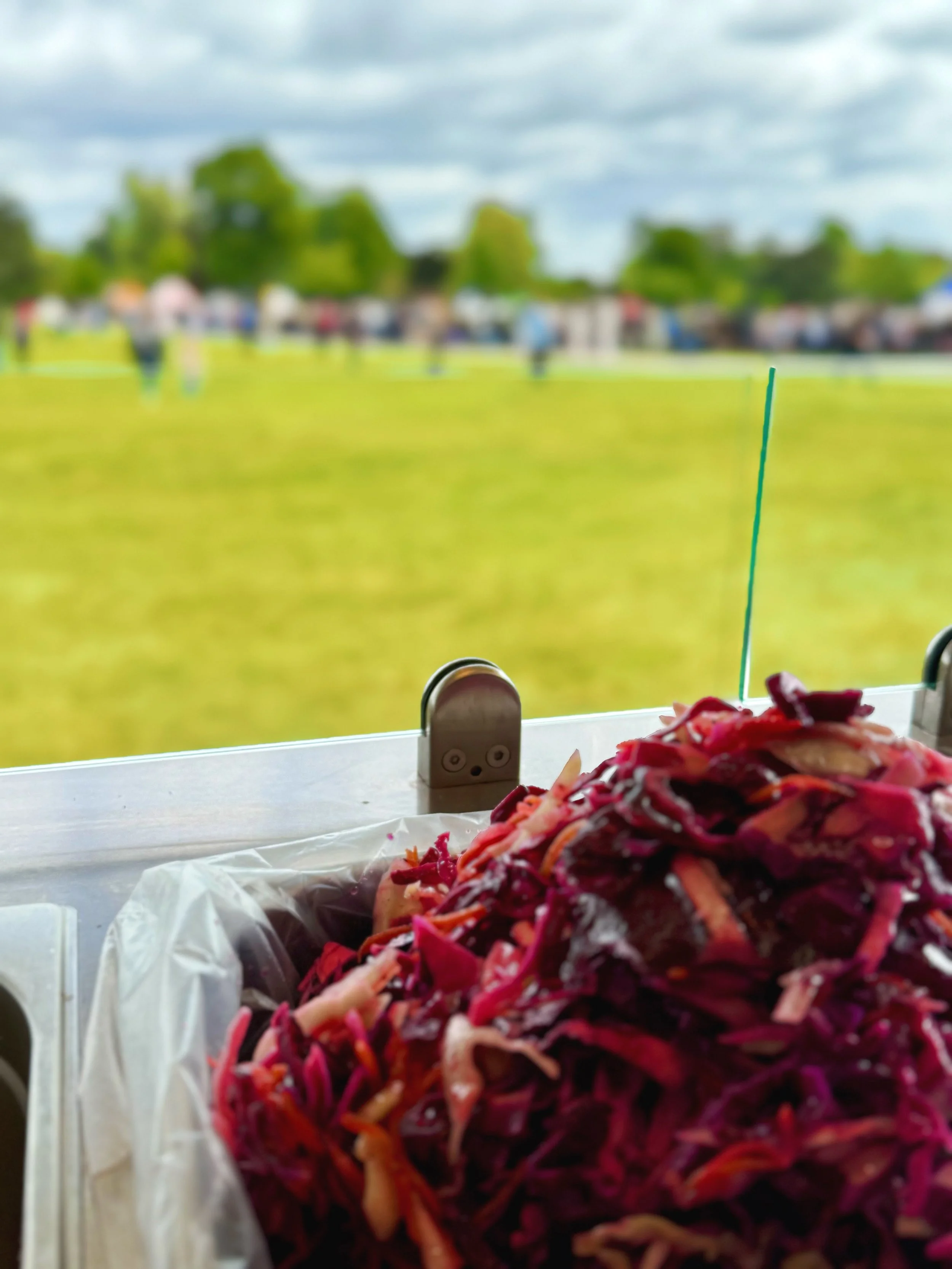 A pile of shredded red cabbage and carrots in a food truck window, with an out-of-focus view of a grassy field and a crowd of people at an outdoor event under a cloudy sky.
