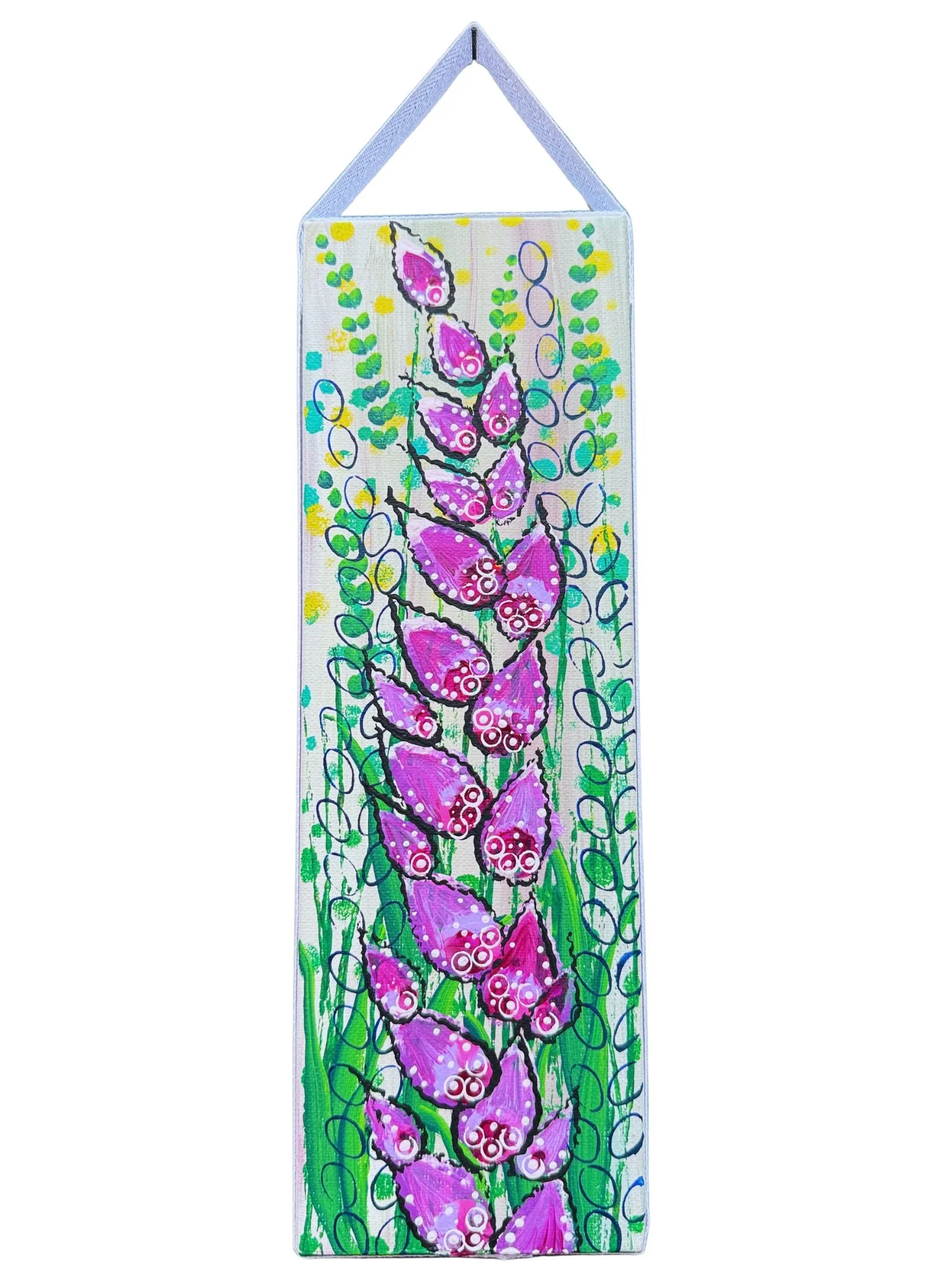 Ribbons of Petals III. 4x12 acrylic on canvas with a silver ribbon hanger
