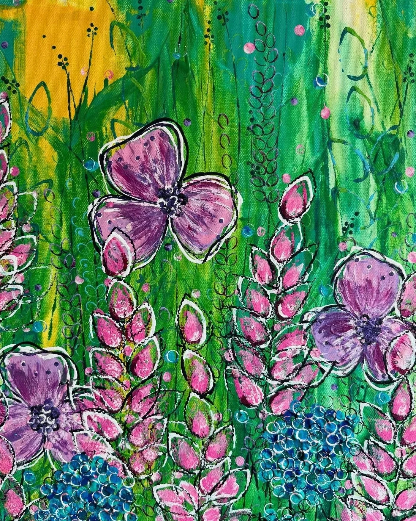 SOLD! Plink Plunk Petals 
16x20 acrylic on canvas