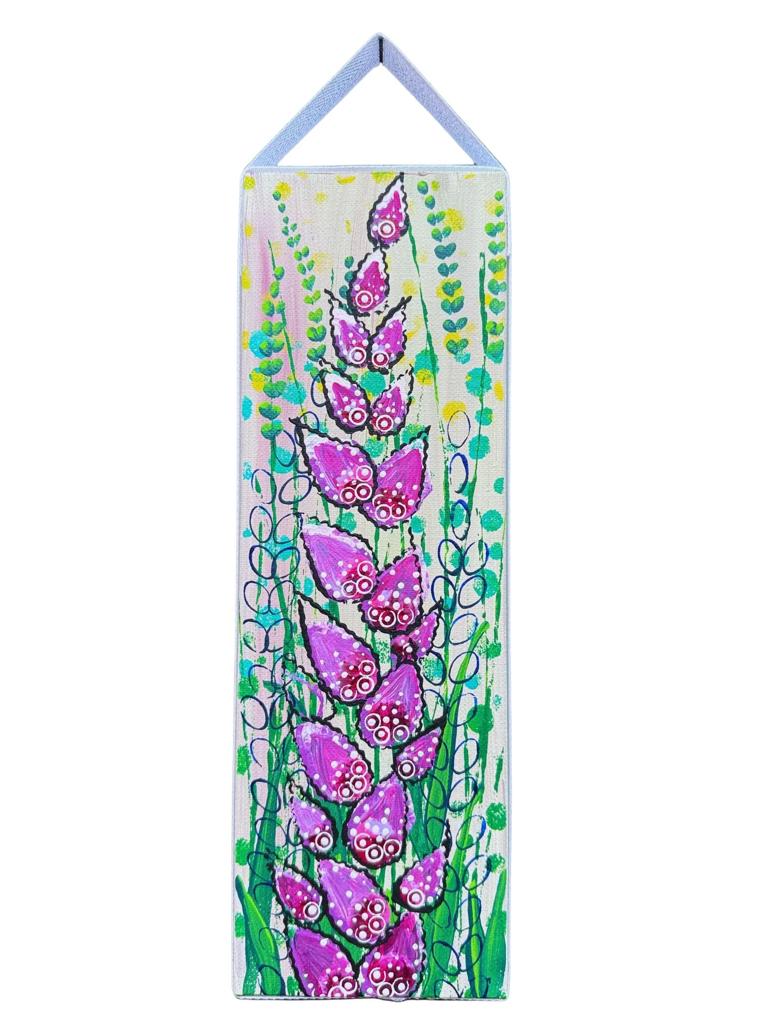 SOLD! Ribbons of Petals II. 4x12 acrylic on canvas with a silver ribbon hanger