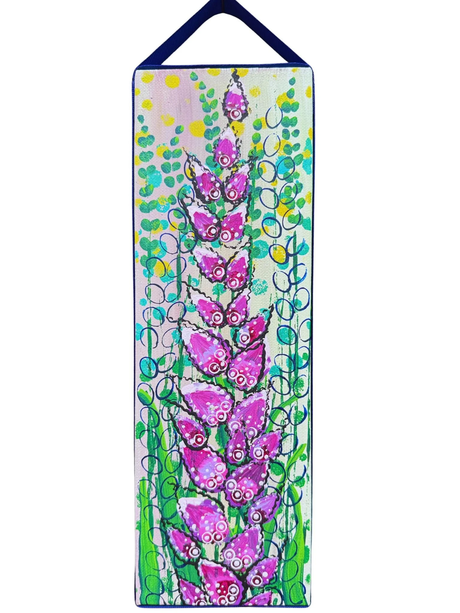 Ribbons of Petals I. 4x12 acrylic on canvas with a navy blue ribbon hanger