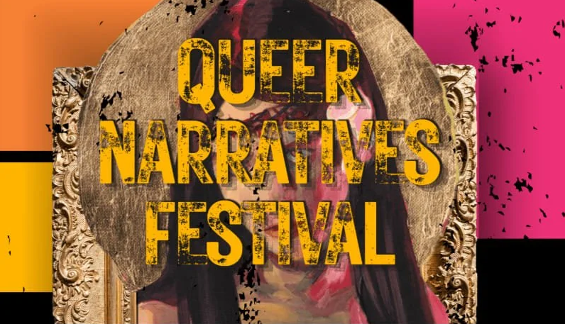Artistic image with information for the closing reception of the annual Queer Narratives Festival