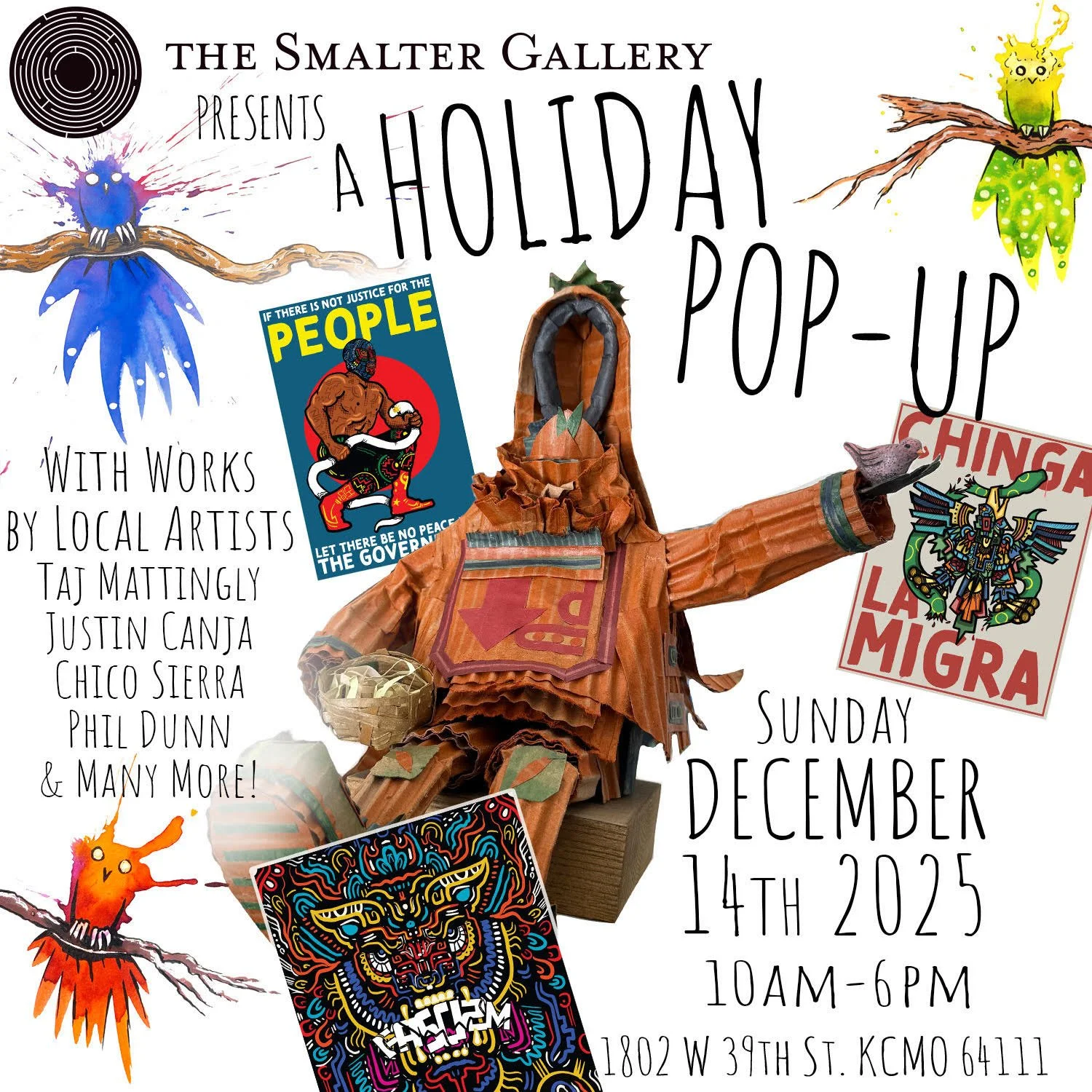 Collage image of various pieces of art to promote Smalter Gallery's upcoming Holiday Pop-Up event on December 14 in Kansas City.
