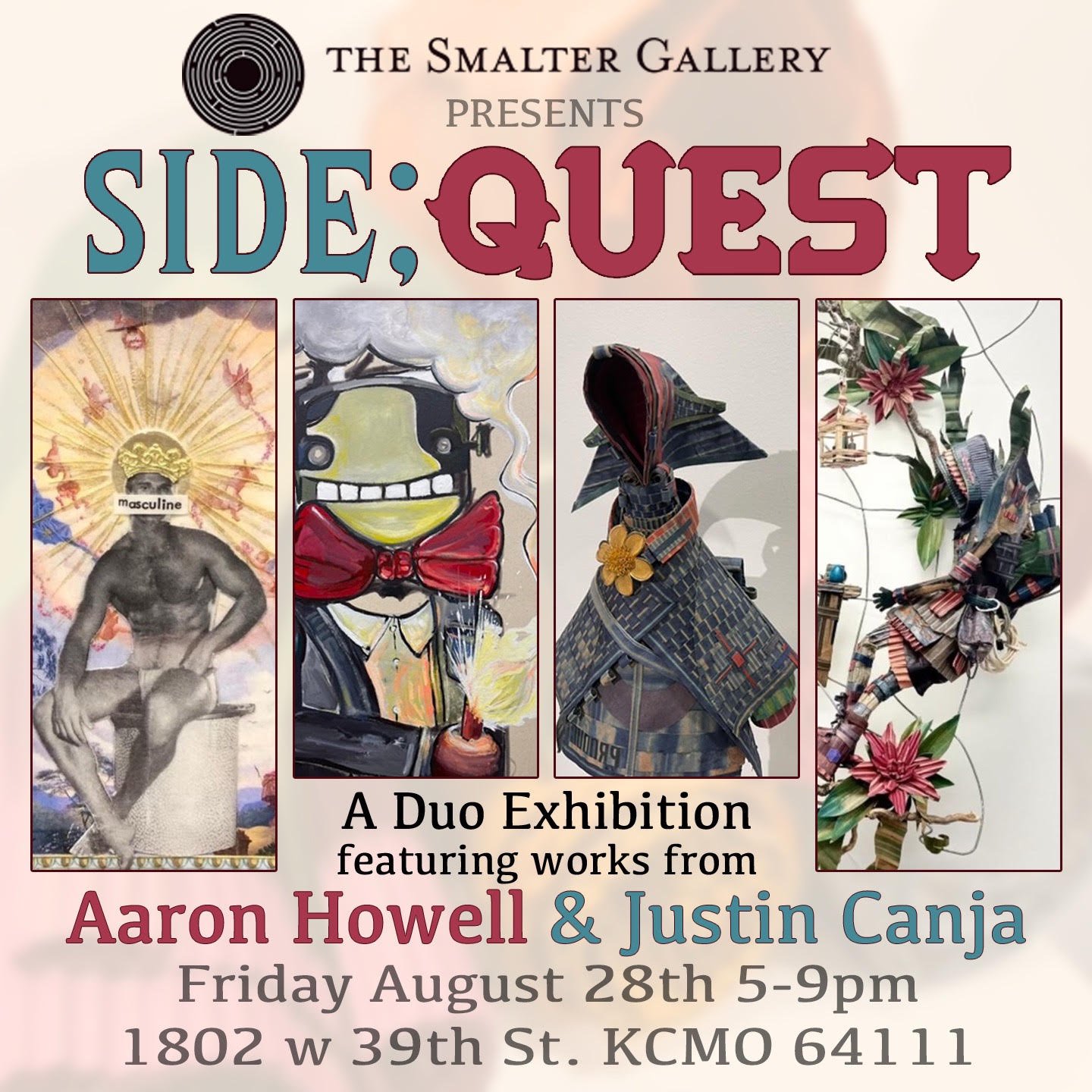 Promotional flyer for Side Quest, and art exhibition by Aaron Howell and Justin Canja at Smalter Gallery