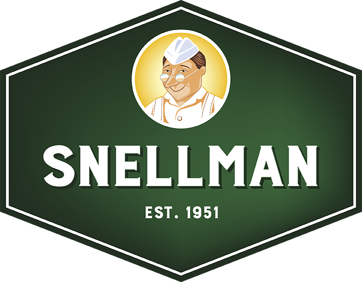Logo for Snellman with a cartoon of a smiling man wearing glasses and a chef's hat, background color green, text reads 'Snellman Est. 1951'.