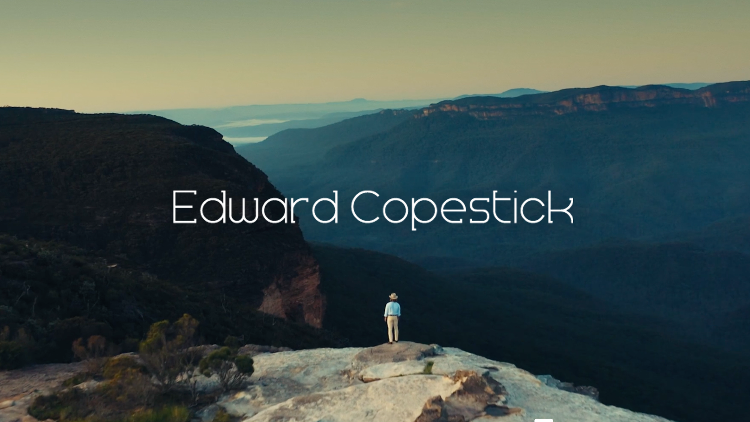 A person standing on a rocky cliff overlooking a mountainous canyon under a clear sky.