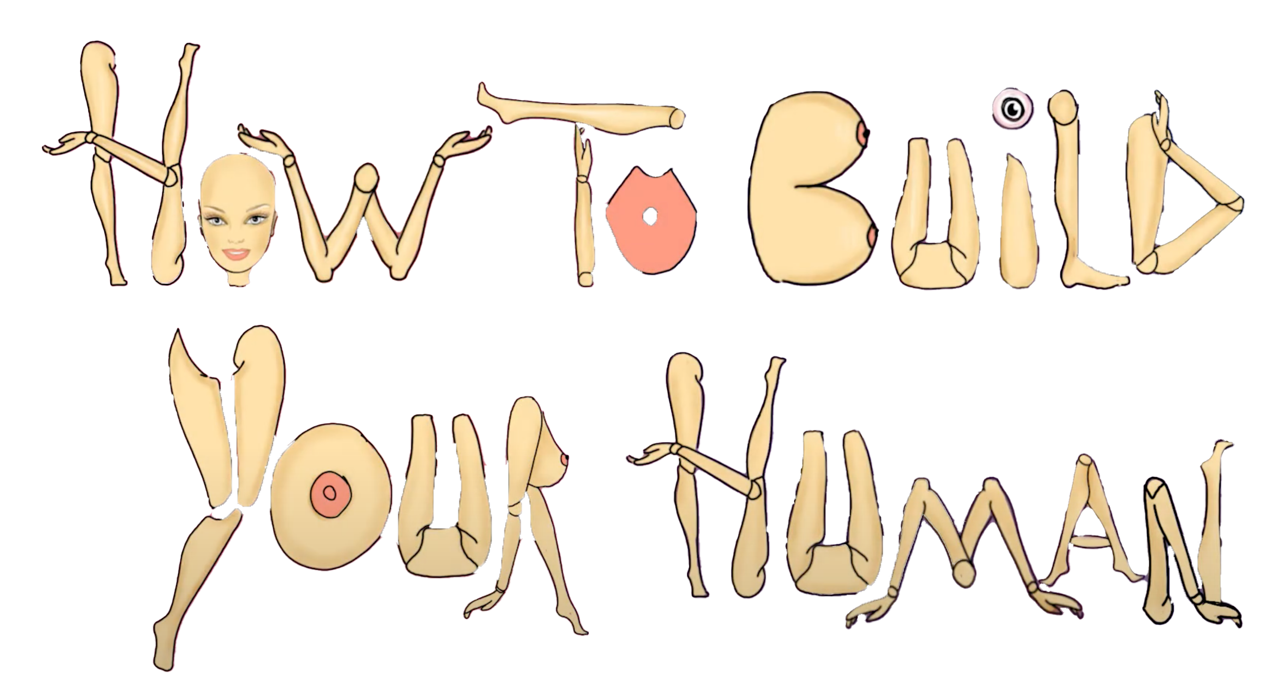 The phrase "Happy Halloween" written with cartoon drawing of dismembered human body parts, including limbs, heads, and facial features, arranged to spell the words on a pink background.