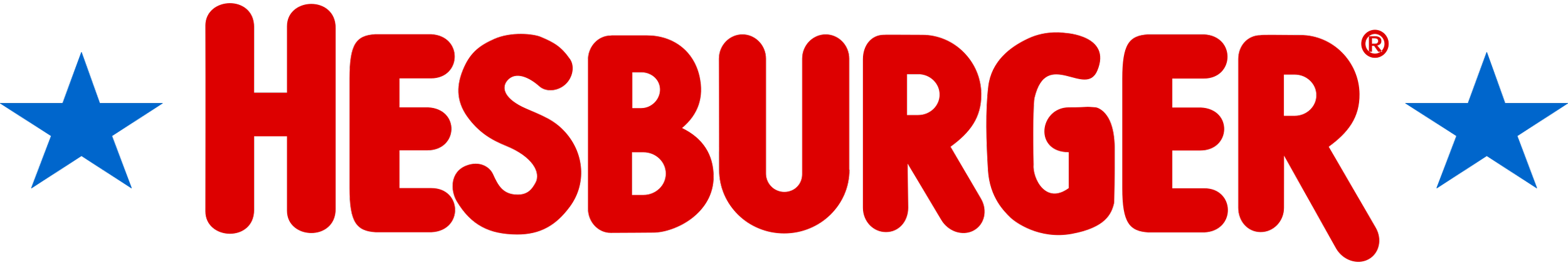 HESBURGER logo with large red letters and blue stars on black background.