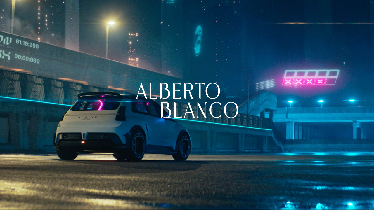 A futuristic white car on a wet race track at night with neon blue and pink lights, urban skyline, digital screens, and the words 'ALBERTO BLANCO' overlayed.
