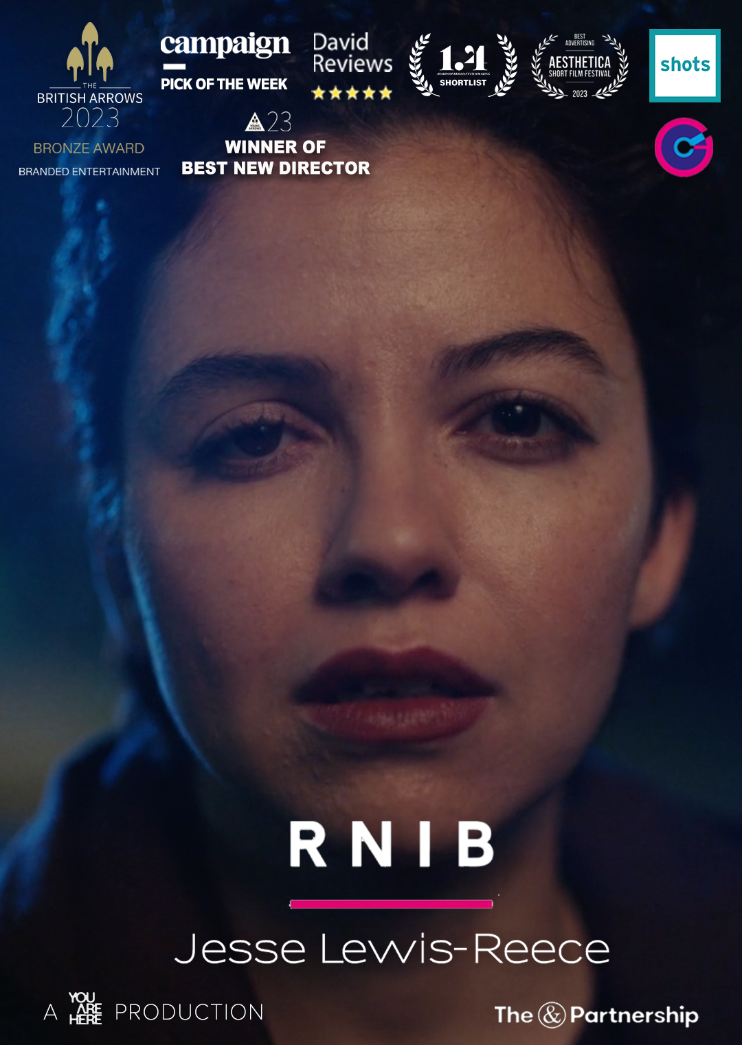 Close-up of a woman's face with a serious expression, dark background, and film credits and awards overlayed.