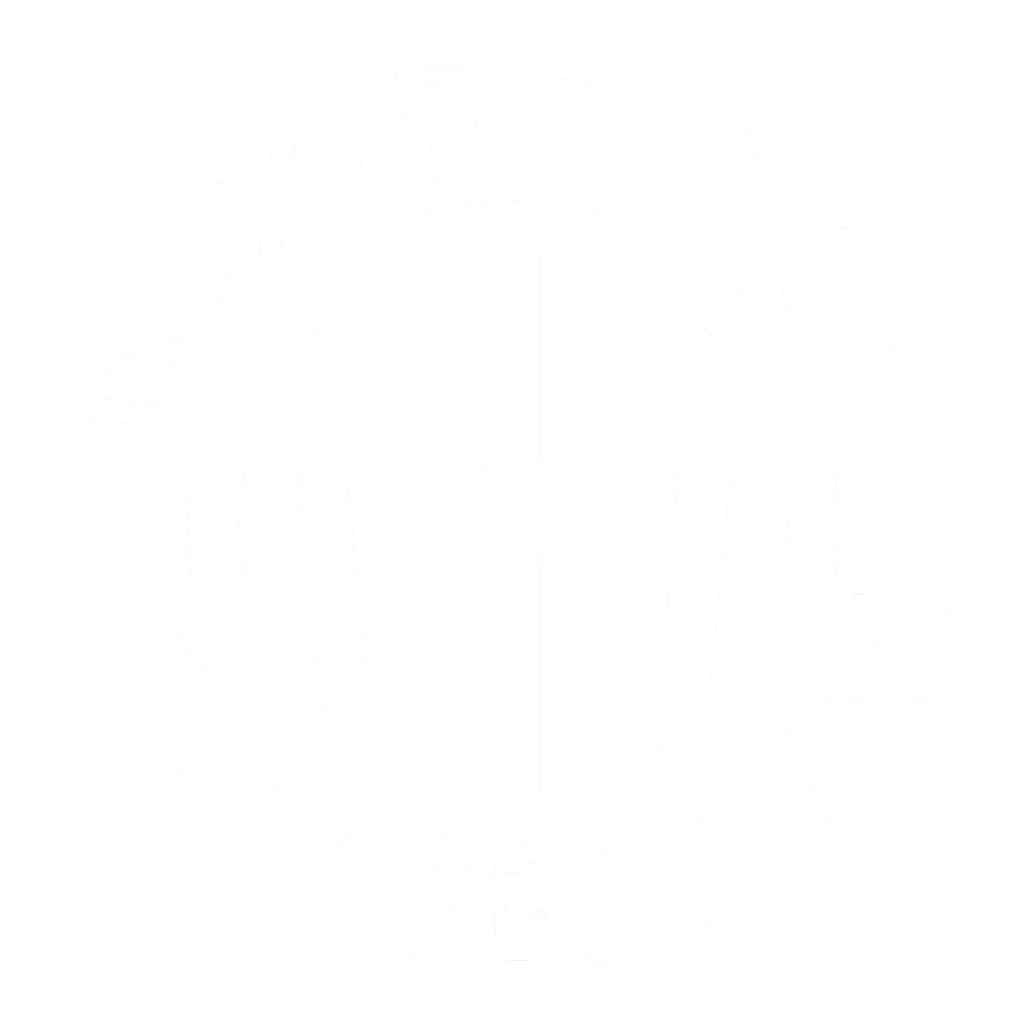 Logo of Woodstock Film Festival featuring a peace symbol with the words 'Woodstock Film Festival' around it.