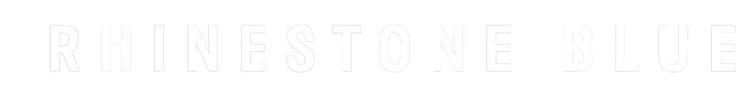 Text reading 'RHINESTONE BLUE' in white outline letters on a black background.