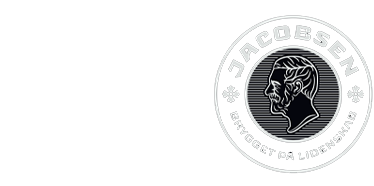 Black and white logo featuring a profile of a man's head with a beard, surrounded by a circular border with the text 'JACOB SEN' and 'BRYGGET PÅ LIDENSKAR'.