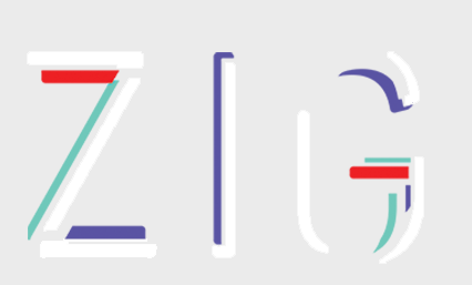 Stylized text spelling out 'Zing' with colorful lines and shapes.