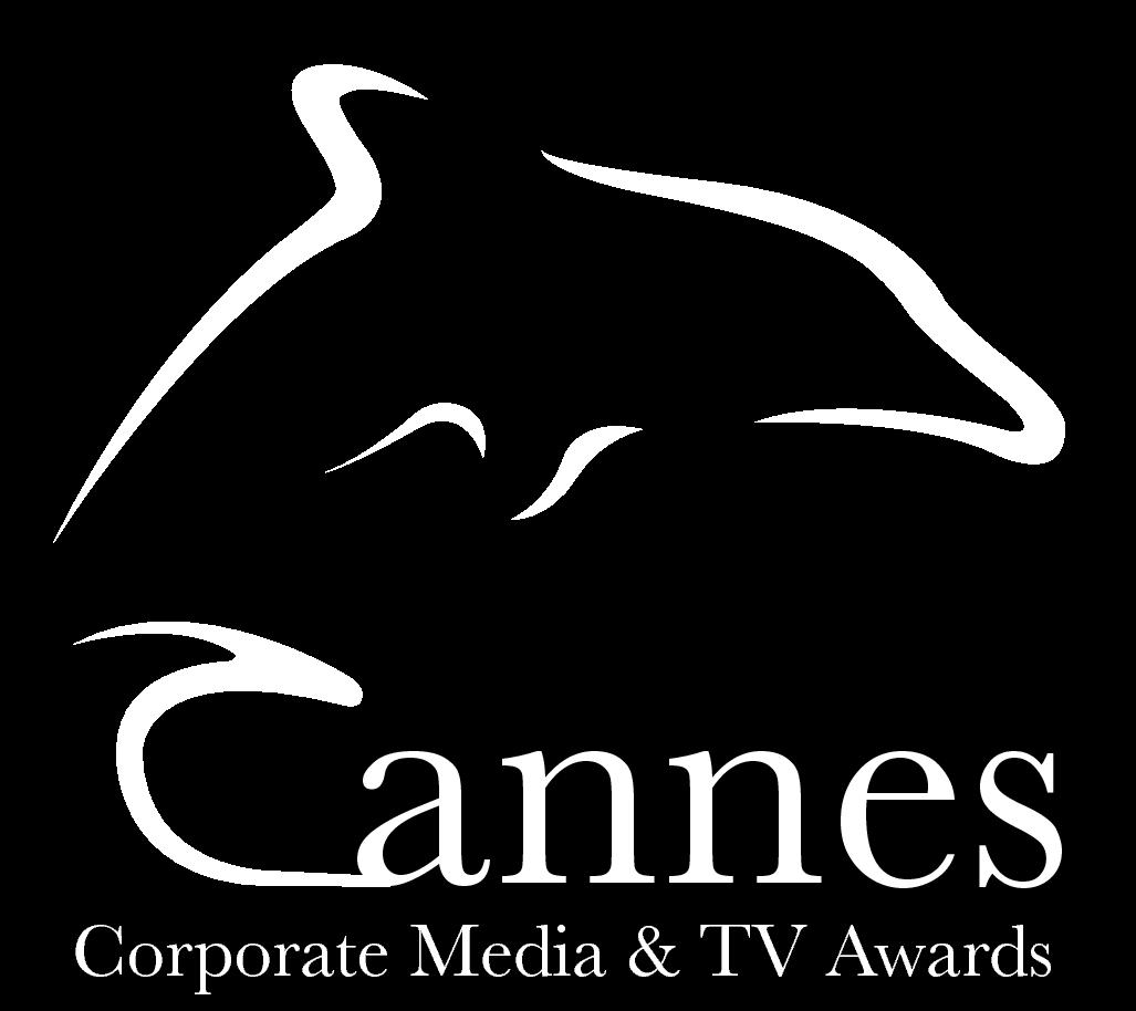 Black background with a stylized white outline of a dolphin and the text 'Cannes Corporate Media & TV Awards'.