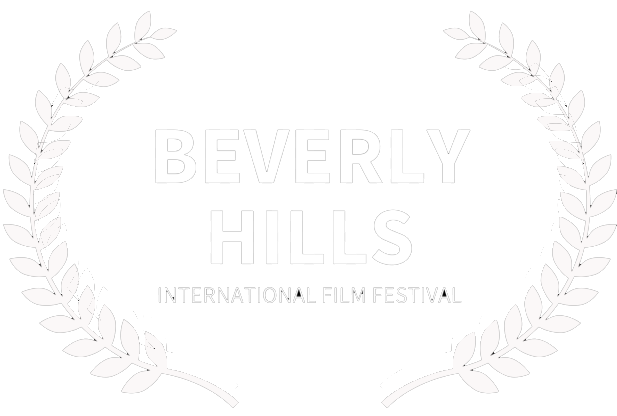 Logo for Beverly Hills International Film Festival with black background and white laurel wreath surrounding the text.