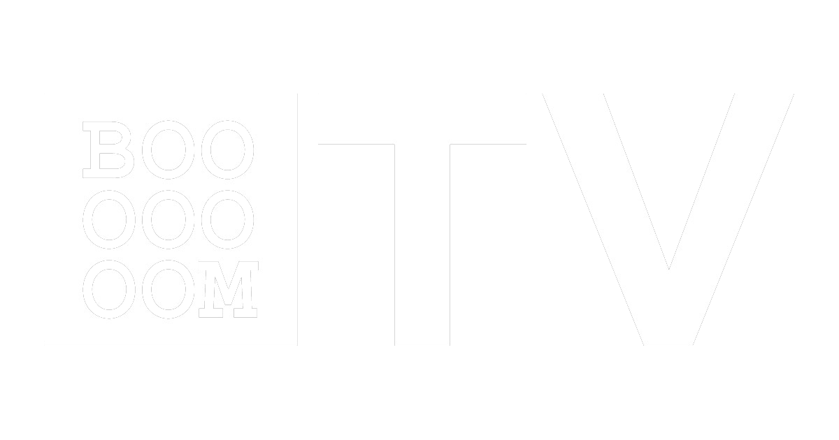 Logo with the words "Boo" and "Oom" vertically stacked inside a square, followed by the letters "T" and "V" in large font.