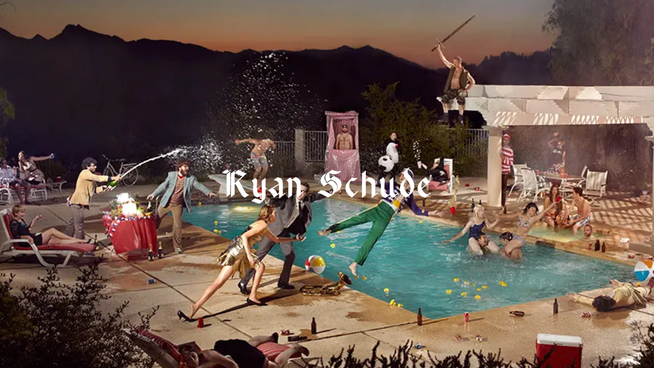 A lively pool party scene with people swimming, playing, and socializing around a swimming pool at dusk. Some individuals are jumping into the pool, others are lounging or interacting by the poolside. There are party decorations, such as beach balls, drinks, and scattered objects, and a person on a raised platform holding a sword, creating a festive atmosphere.