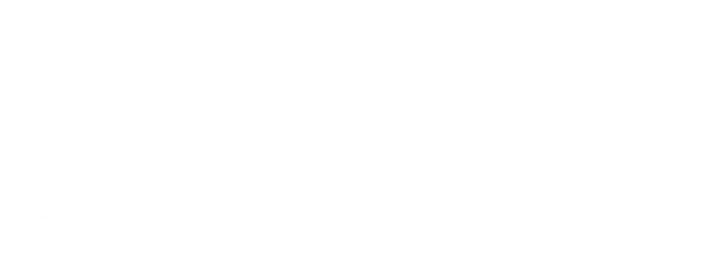 White ASICS logo on a black background.