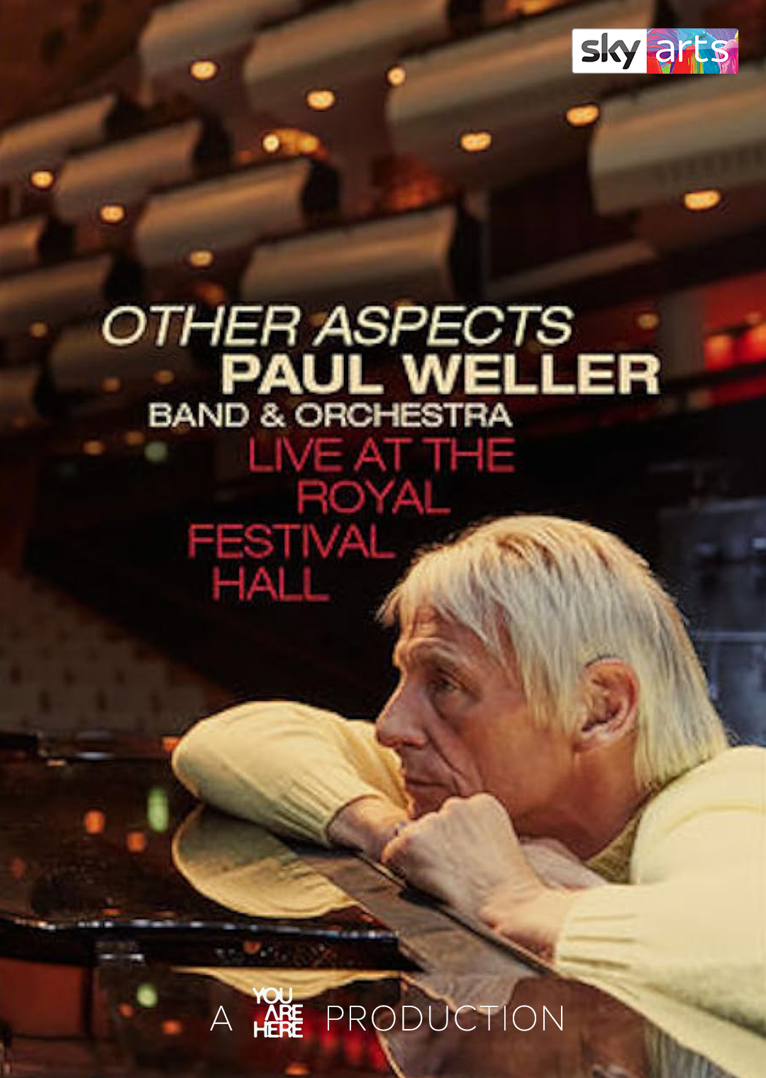Poster for Paul Weller's concert with text details and image of him resting his head on a piano