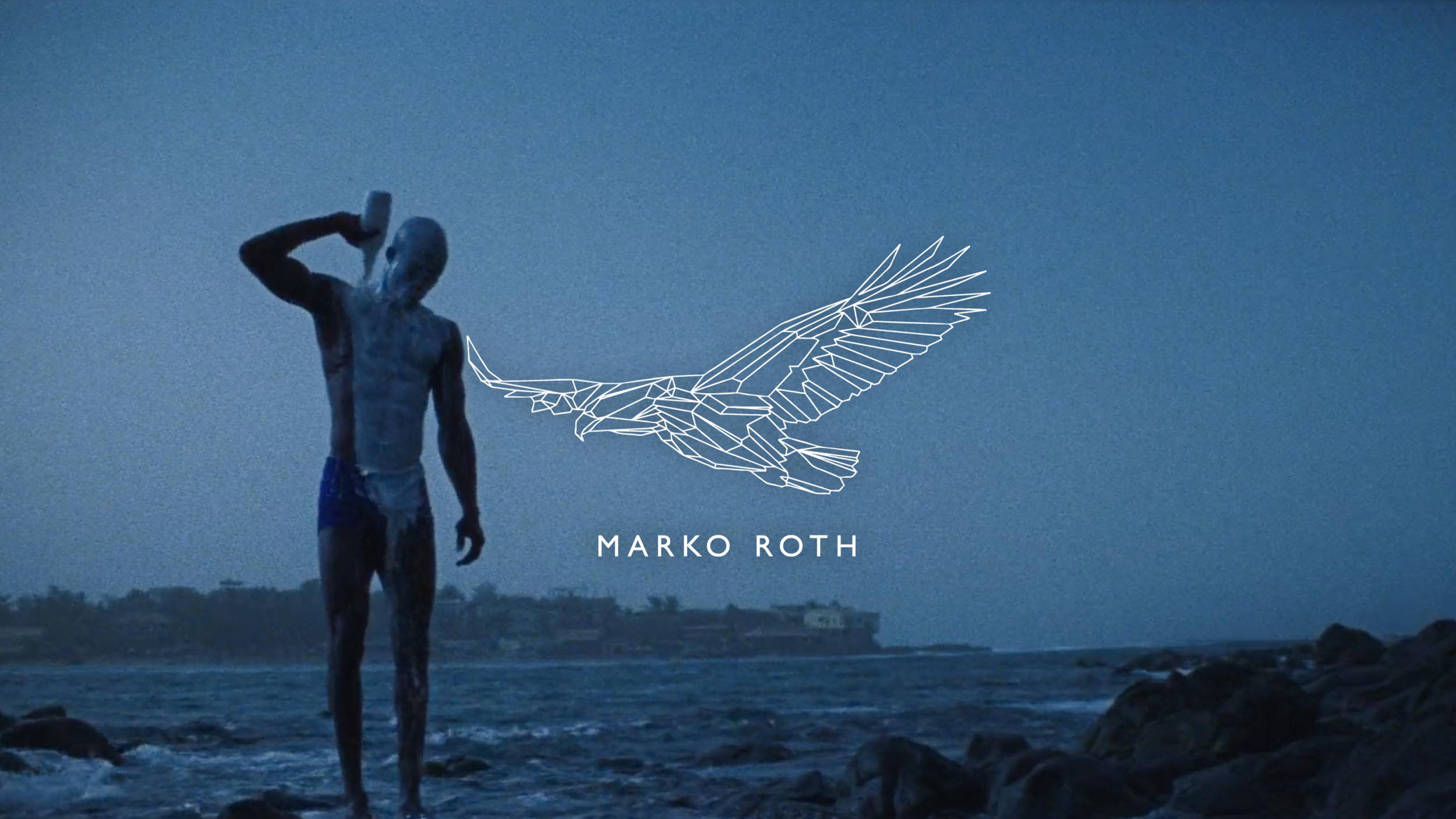 A person standing on rocks near the ocean at dusk, holding a white object to their head, with a digital illustration of a bird in flight and the text 'Marko Roth' overlaid.