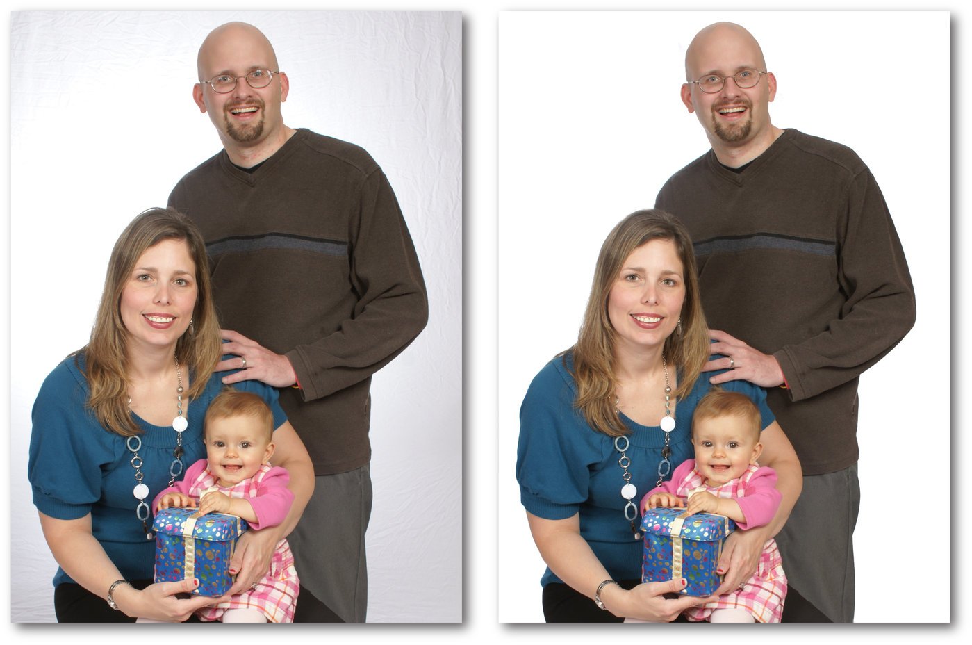 It was requested to remove the wrinkled background. I also fixed the mother's hair on top, and got rid of some of the glare in the father's glasses.