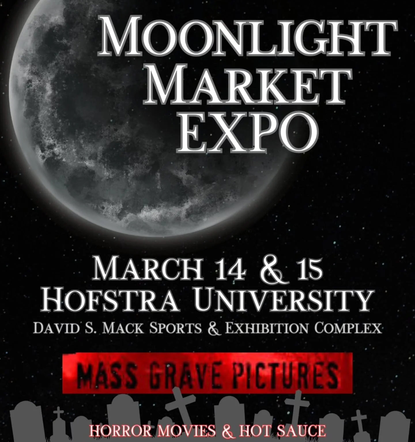 THIS WEEKEND We'll be at @moonlightmarketli at Hofstra University. Stop by the MGP Physical Media Restorative Wellness Center for all your horror movie and hot sauce needs. We have copies of our original films, our signature hot sauces, and all new B