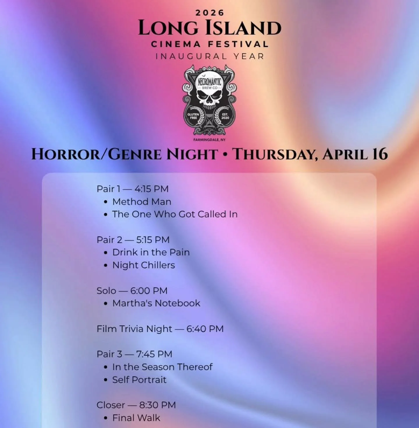 Tonight we'll be at the Long Island Cinema Fest for Horror Night at Necromantic Brew Co, films start at 4 with free admissions!  We'll be vending there, and it will be the final festival screening of Bec Fordyce-Fuller and Louie A. Cortes 's The One 