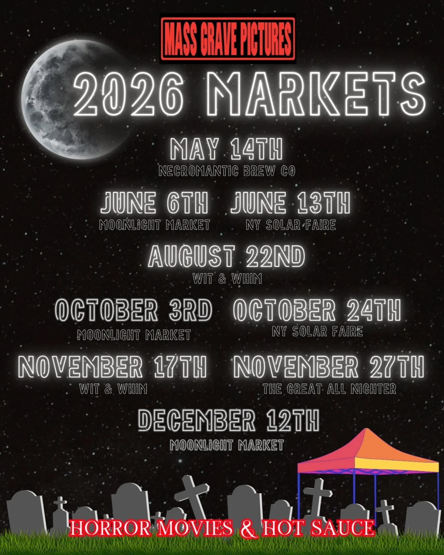 🚨 2026 Market Schedule 🚨 for all your Indie Horror and Hot Sauce needs! 🌶️📼 We also have a ton of upcycled Horror flannels, our signature Blind Date with a Horror Movie, and we'll be introducing some new spooky goodies throughout the year! 

TOMM
