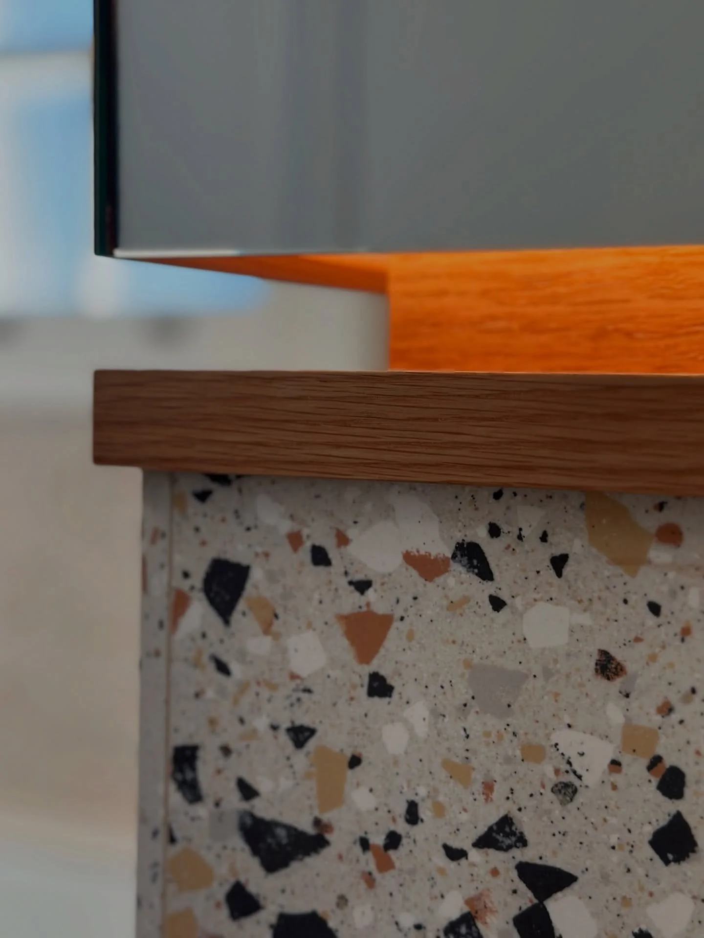 We take pride in making smart design decisions quickly thanks to our in-house design team and joiners working side by side throughout every project.
This detail, from a recently completed bathroom in King&rsquo;s Cross, combines warm oak,  mid-centu