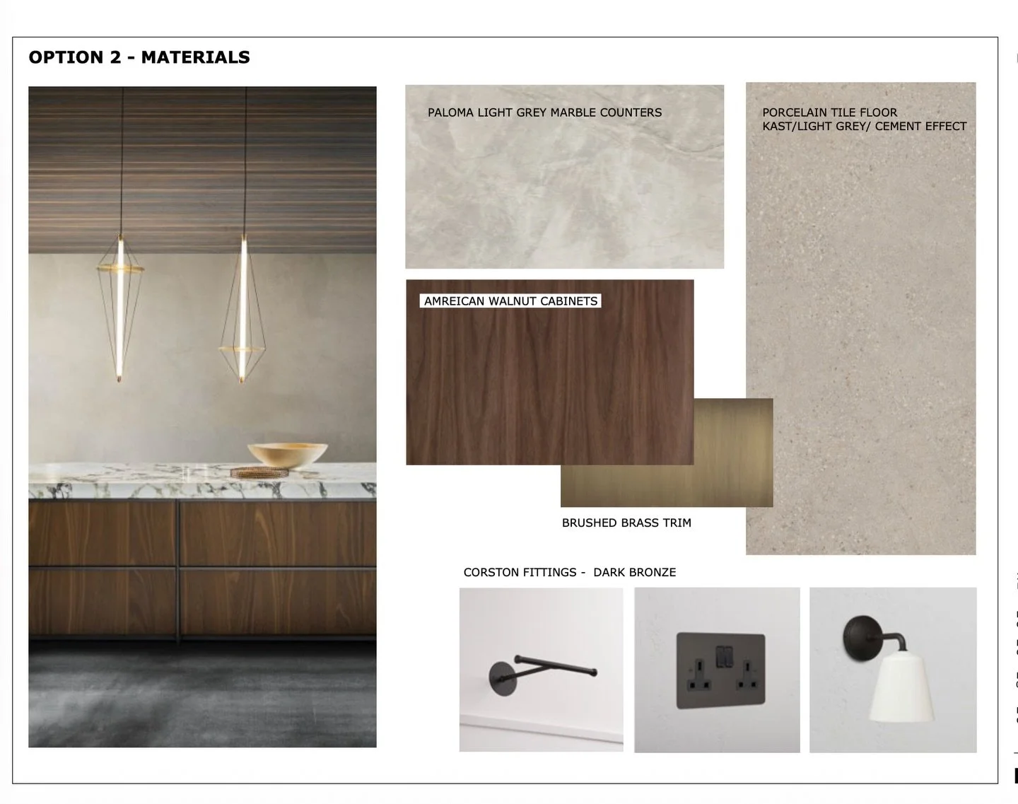 We&rsquo;re so excited to share the first round of design visuals and material options for our latest kitchen project.
These concept sheets explore tone, texture, and balance, pairing American walnut cabinetry with Paloma light grey marble and brush