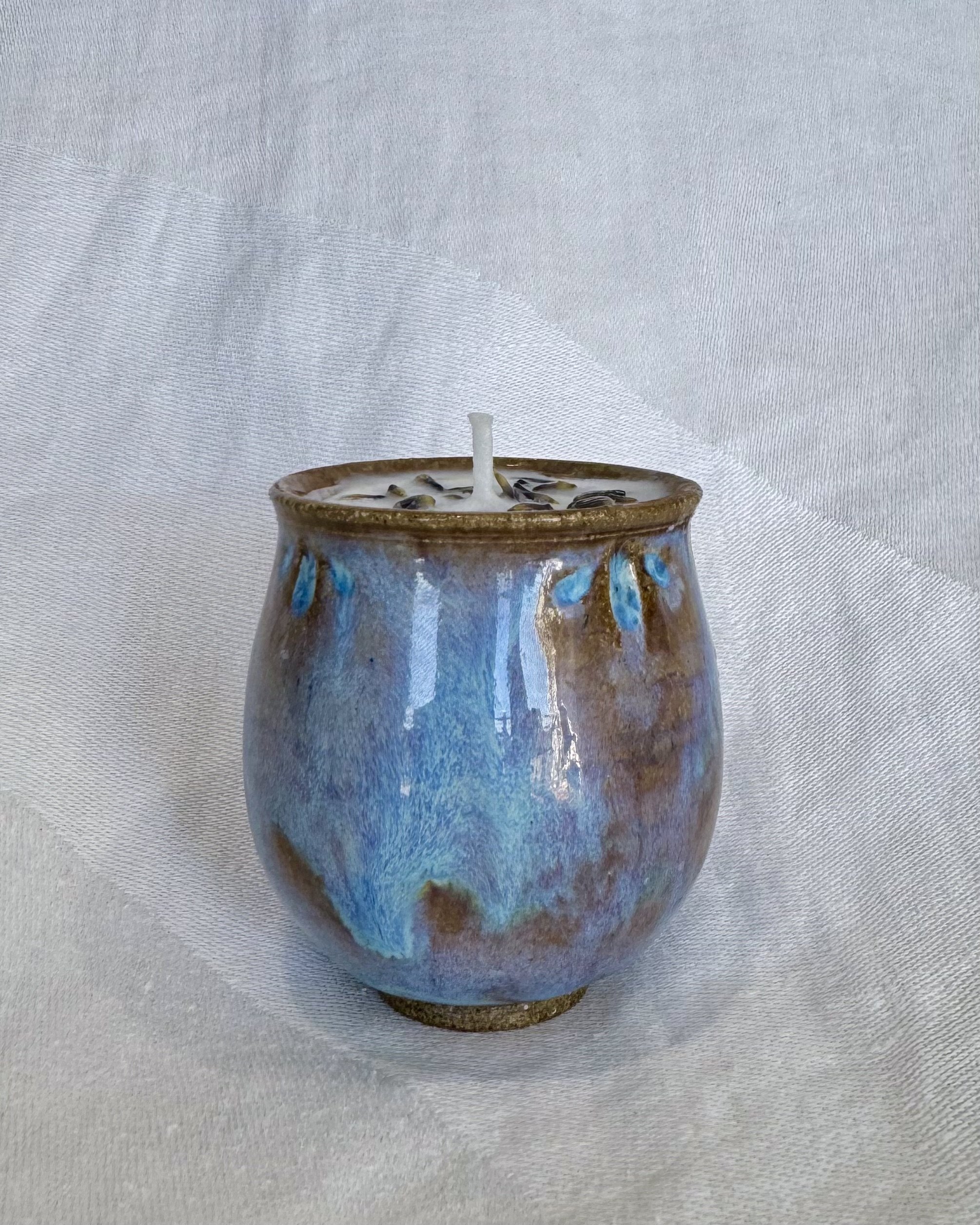 lavender candle in petite carved pot