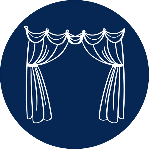 draping icon - draped curtains inside of a blue circle