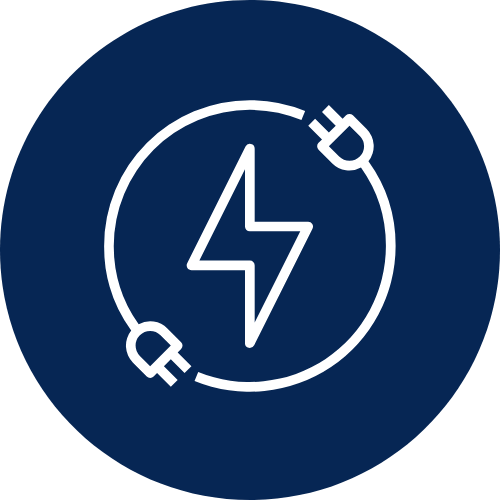 power and event infrastructure icon - two plugs encircling a lighting bolt in a blue circle