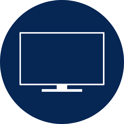 virtual event production icon - a computer screen in a blue circle