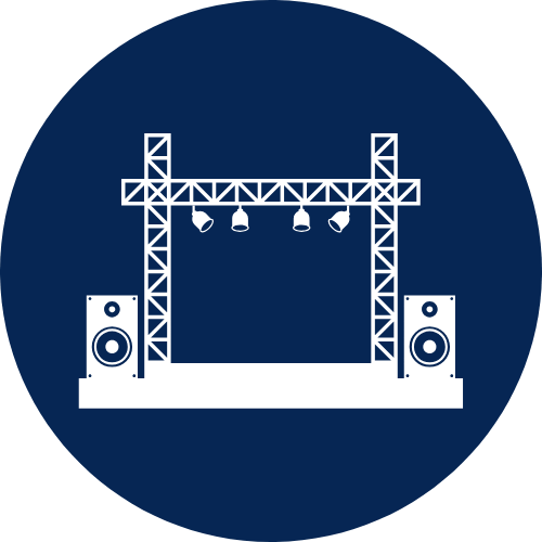 staging and rigging icon - a concert stage with truss in a blue circle