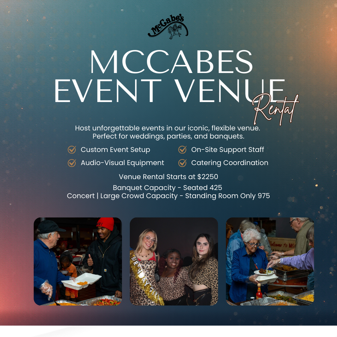 Flyer advertising MCCABES event venue rental with details about services, capacity, pricing, and photos of people at events.
