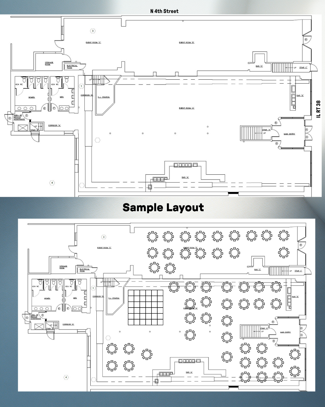 Floor plan layout with an empty large event space in the top diagram and a seated event setup with round tables in the bottom diagram labeled "Sample Layout."