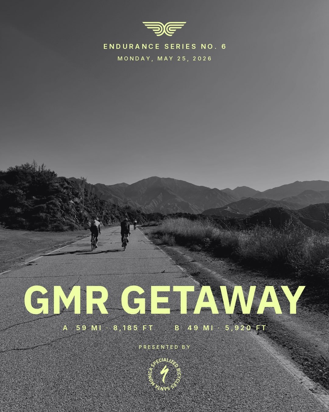 Endurance Series No. 6. Memorial Day, May 25.

Glendora Mountain Road closes to traffic for the holiday, which means a rare 25-mile ascent on an empty road. Group A goes the full distance to Baldy Lifts. Group B turns at Baldy Village. Same start, sa