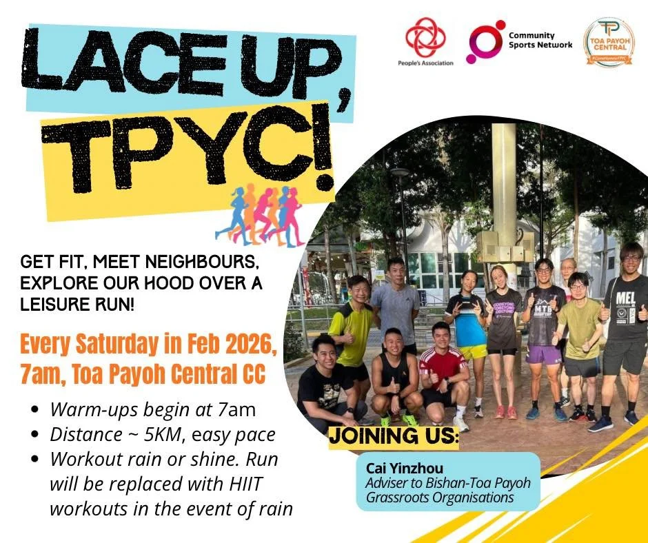 🏃&zwj;♂️ Saturday mornings = Lace up mornings! February 2026 🏃&zwj;♀️

Join me on a weekly, easy-pace community run where we clock the miles, catch up with neighbours, and explore the hood together.

📍 Toa Payoh Central CC
🗓 Every Saturday in Feb